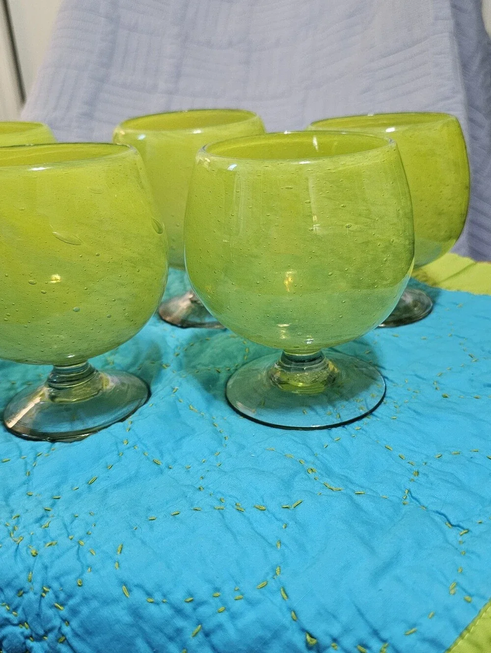Crate & Barrel Handblown Glass Goblets, Lime Green, Quality Made Five(5) Glasses